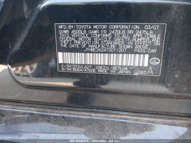Продаж на аукціоні авто 2007 Lexus Is 350, vin: JTHBE262472011207, номер лоту: 40542578