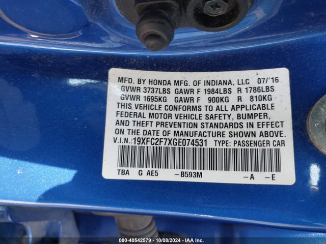 Honda CIVIC EX 2016 19XFC2F7XGE074531 Image 9