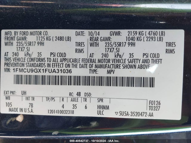 Ford ESCAPE SE 2015 1FMCU9GX1FUA31036 Image 9