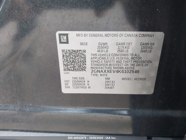 Chevrolet Equinox Premier 2019 2GNAXXEV4K6102545 Image 9