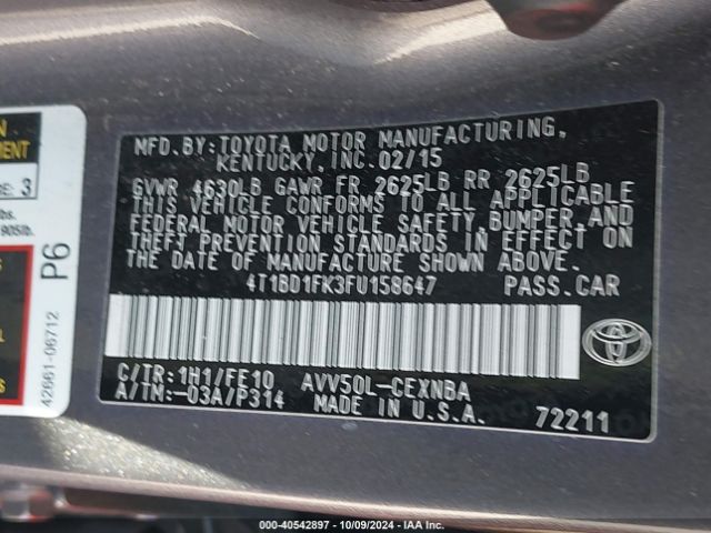 4T1BD1FK3FU158647 Toyota Camry Hybrid Le