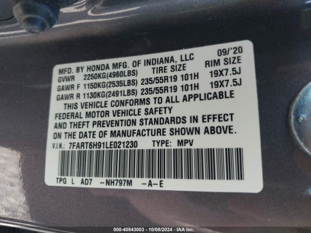 7FART6H91LE021230 Honda Cr-v Hybrid Touring