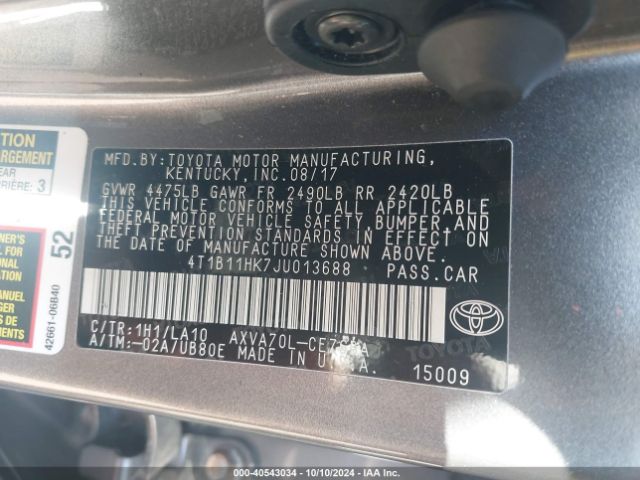 4T1B11HK7JU013688 Toyota CAMRY XLE