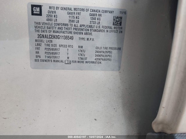 Chevrolet EQUINOX LT 2016 2GNALCEK8G1136549 Image 9