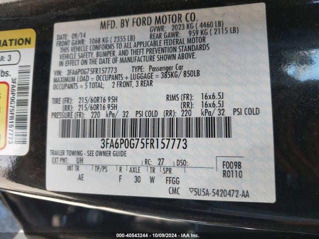 Ford FUSION S 2015 3FA6P0G75FR157773 Image 9