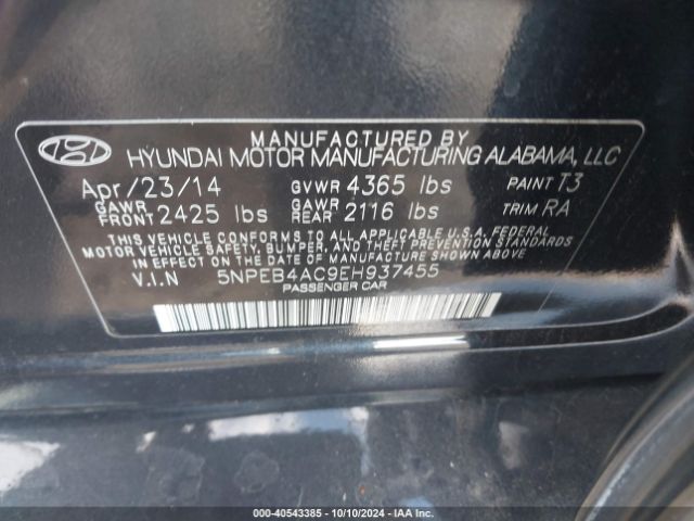 5NPEB4AC9EH937455 Hyundai SONATA GLS