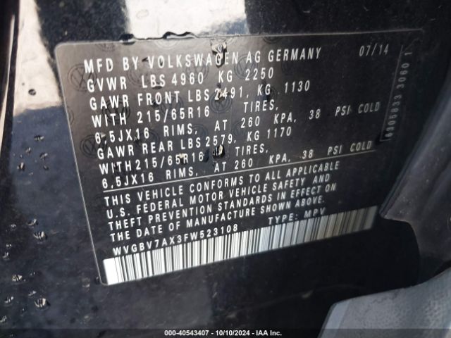 WVGBV7AX3FW523108 Volkswagen TIGUAN S