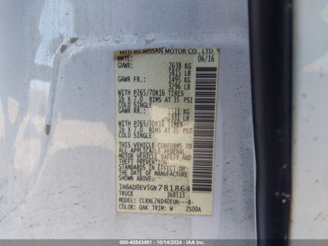 1N6AD0EV5GN781864 Nissan Frontier Pro-4x/s/sl/sv