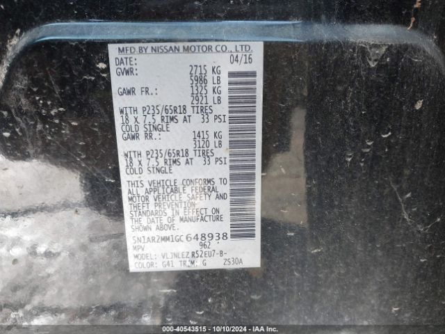 5N1AR2MM1GC648938 Nissan Pathfinder Platinum/s/sl/sv