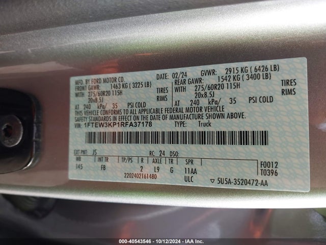 Ford F-150 Xlt 2024 1FTEW3KP1RFA37178 Image 9