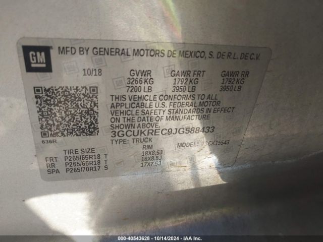 3GCUKREC9JG588433 Chevrolet Silverado 1500 2lt