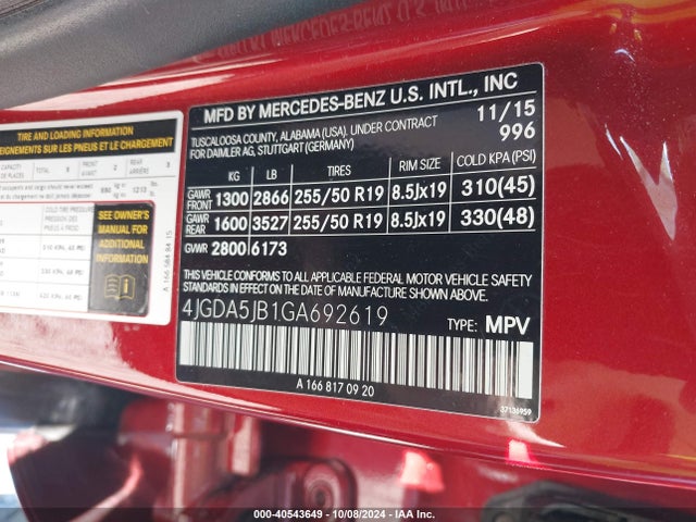 4JGDA5JB1GA692619 Mercedes-Benz GLE 350