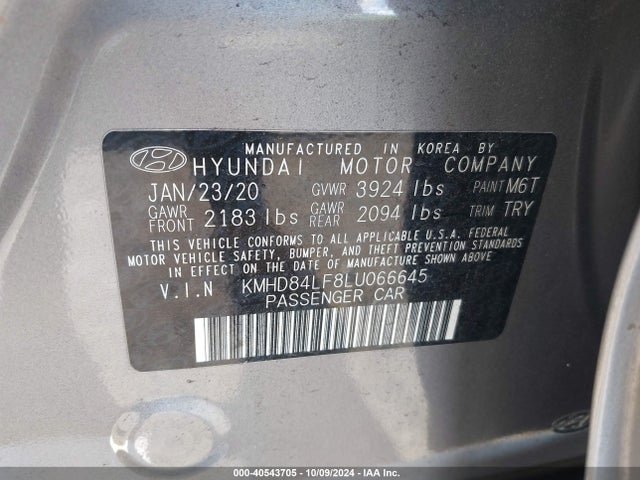 Hyundai ELANTRA SEL 2020 KMHD84LF8LU066645 Image 9