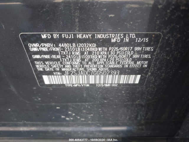 Subaru Forester 2.5i Premium 2016 JF2SJADC7GG502393 Image 9