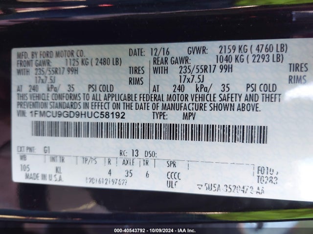 Ford ESCAPE SE 2017 1FMCU9GD9HUC58192 Image 9