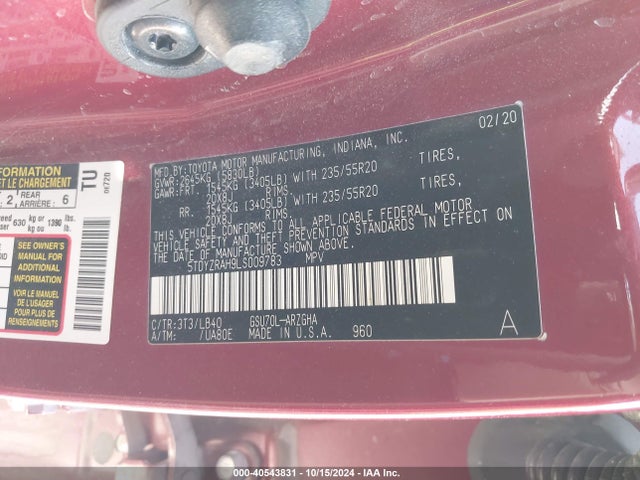 5TDYZRAH9LS009783 Toyota Highlander Limited