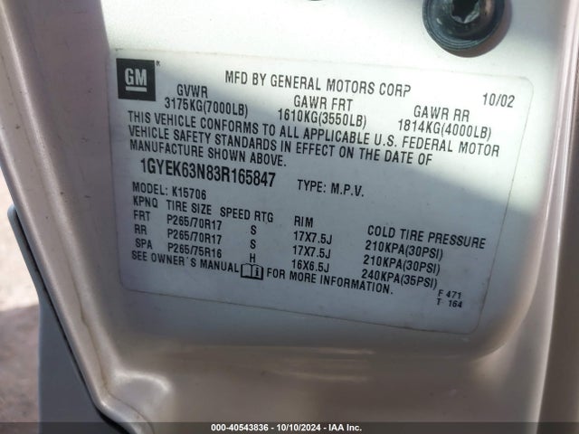 2003 CADILLAC ESCALADE 1GYEK63N83R165847 Photo 8