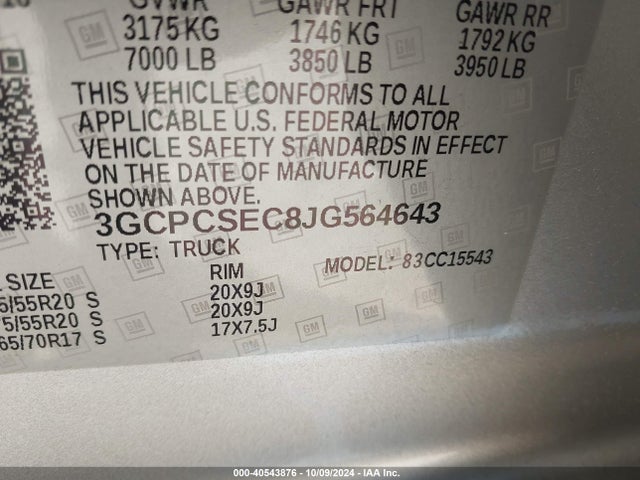 Chevrolet Silverado 1500 1lz 2018 3GCPCSEC8JG564643 Image 9