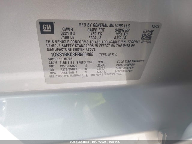 1GKS1BKC8FR566800 GMC YUKON SLT
