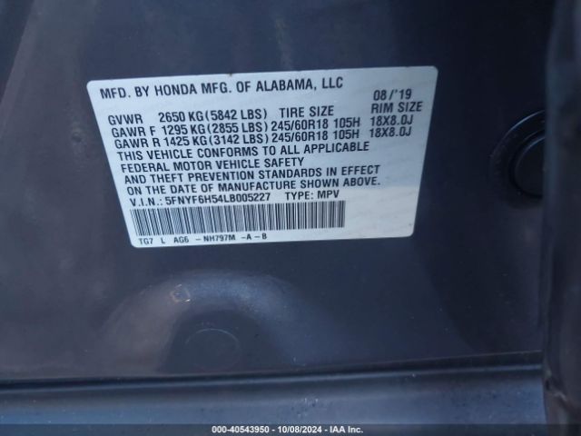 5FNYF6H54LB005227 Honda Pilot Awd Ex-l