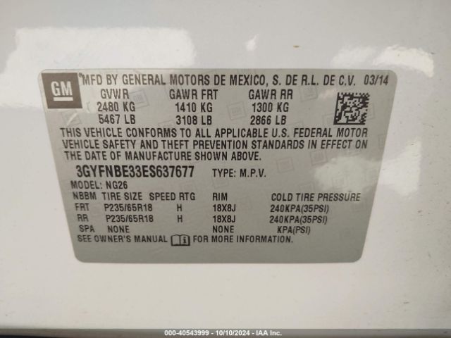 3GYFNBE33ES637677 Cadillac Srx Luxury Collection