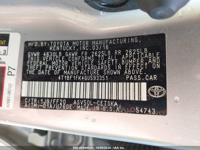 Toyota CAMRY SE 2016 4T1BF1FK4GU593351 Image 9