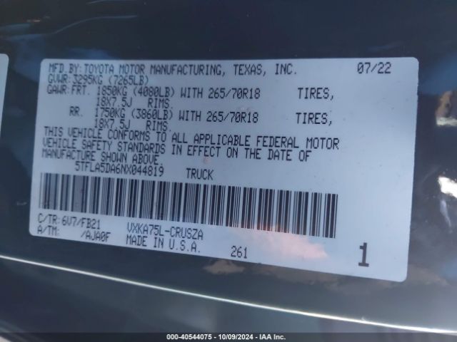 5TFLA5DA6NX044819 Toyota Tundra Sr5