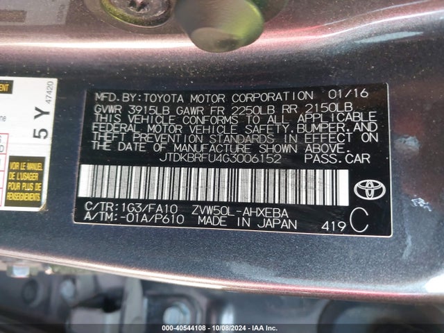 Toyota Prius Two 2016 JTDKBRFU4G3006152 Image 9