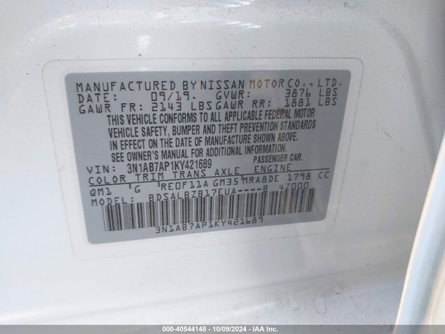 Nissan SENTRA S 2019 3N1AB7AP1KY421689 Image 9