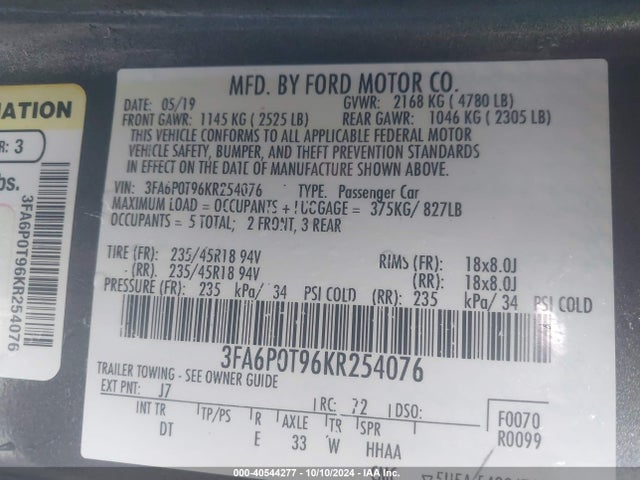 Ford FUSION SE 2019 3FA6P0T96KR254076 Image 9