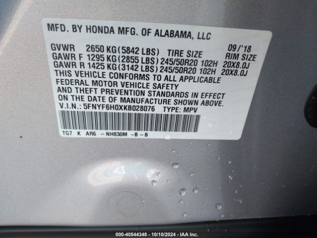 5FNYF6H0XKB028076 Honda Pilot Elite