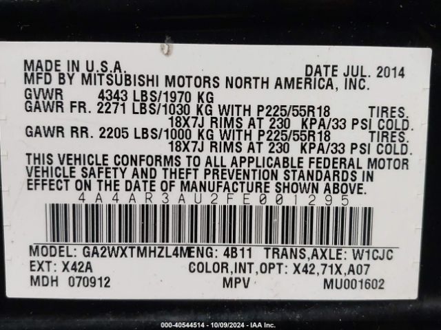 4A4AR3AU2FE001295 Mitsubishi Outlander Sport Es