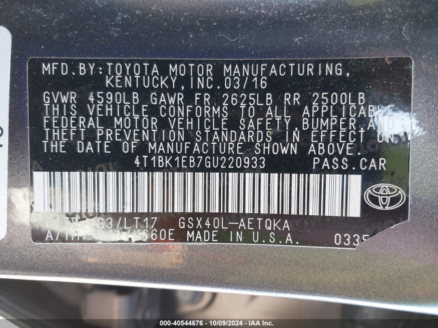 Toyota Avalon Touring 2016 4T1BK1EB7GU220933 Image 9