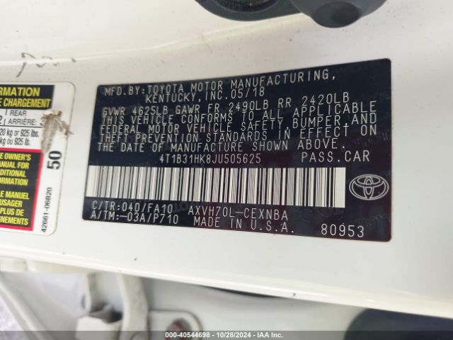 4T1B31HK8JU505625 Toyota Camry Hybrid Le