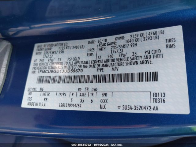 1FMCU9GD1JUD59670 Ford ESCAPE SE