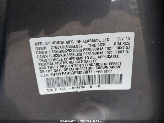 Honda Pilot Ex-l 2015 5FNYF4H53FB050071 Image 9