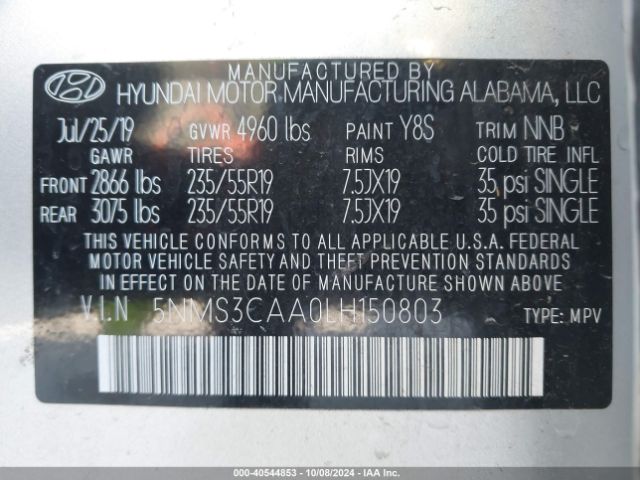 5NMS3CAA0LH150803 Hyundai Santa Fe Sel 2.0t