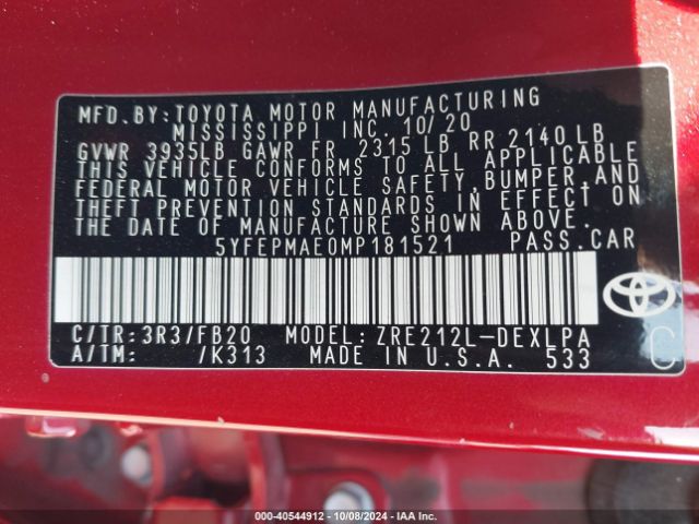 5YFEPMAE0MP181521 Toyota COROLLA LE