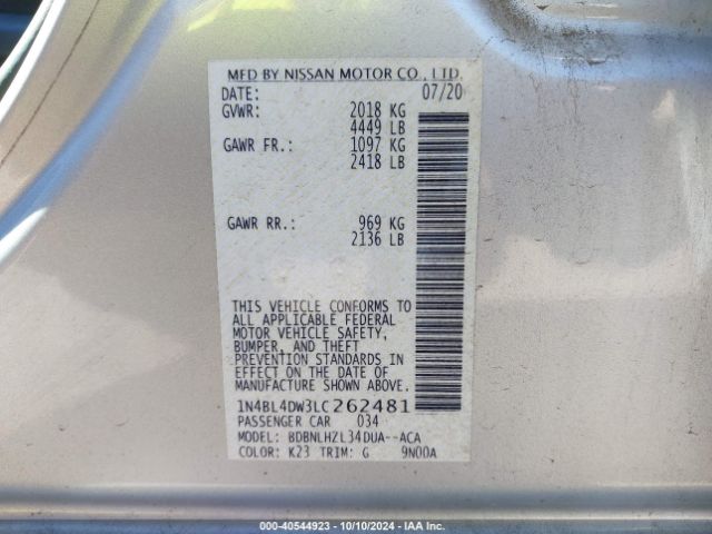 1N4BL4DW3LC262481 Nissan Altima Sv Intelligent Awd