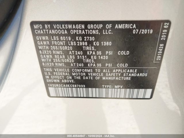1V2UR2CA0KC587033 Volkswagen Atlas 3.6l V6 Se W/technology