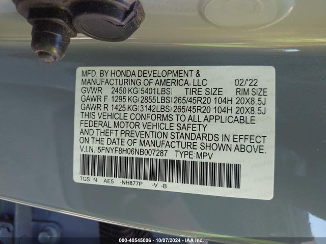 Honda Passport Awd Elite 2022 5FNYF8H06NB007287 Image 9