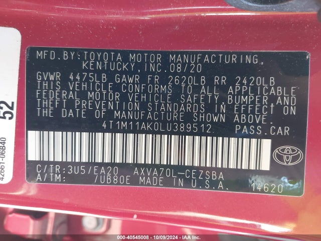 Toyota CAMRY SE 2020 4T1M11AK0LU389512 Image 9