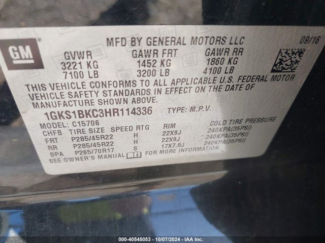 1GKS1BKC3HR114336 GMC YUKON SLT