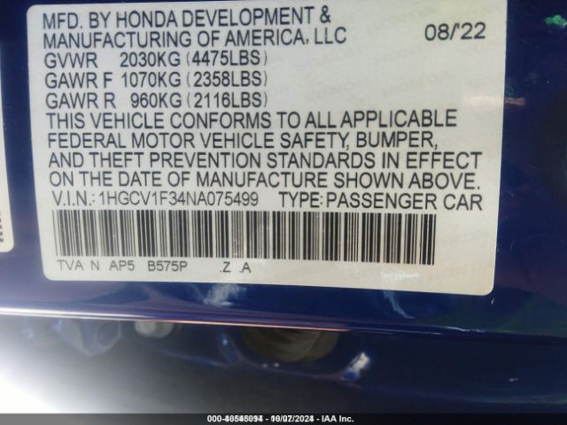 1HGCV1F34NA075499 Honda Accord Sport