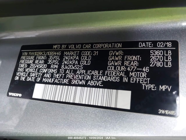 YV4102RK3J1089446 Volvo Xc60 T5 Momentum