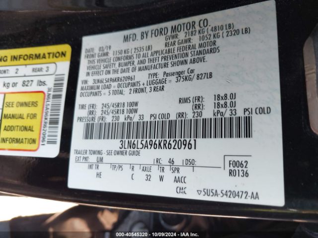 3LN6L5A96KR620961 Lincoln Mkz Standard
