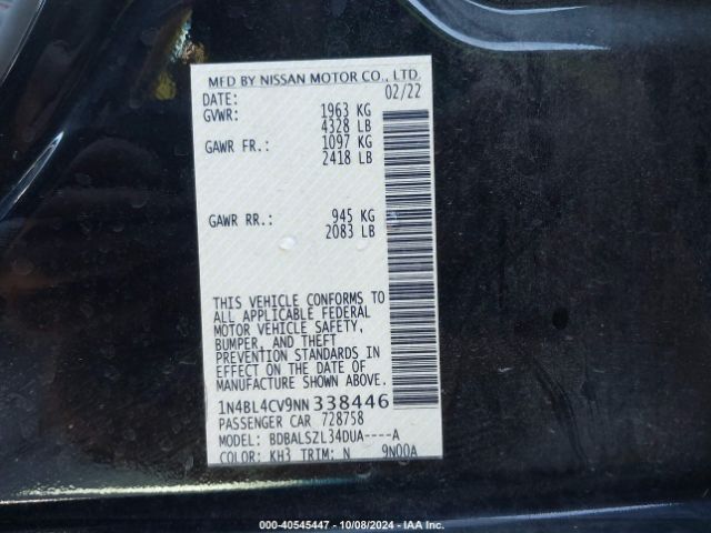 1N4BL4CV9NN338446 Nissan Altima Sr Fwd
