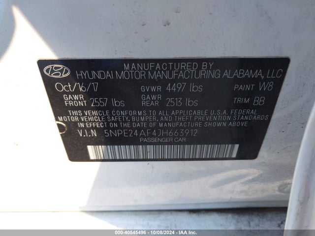 Aukcja sprzedaży 2018 Hyundai Sonata Se, vin: 5NPE24AF4JH663912, numer aukcji: 40545496