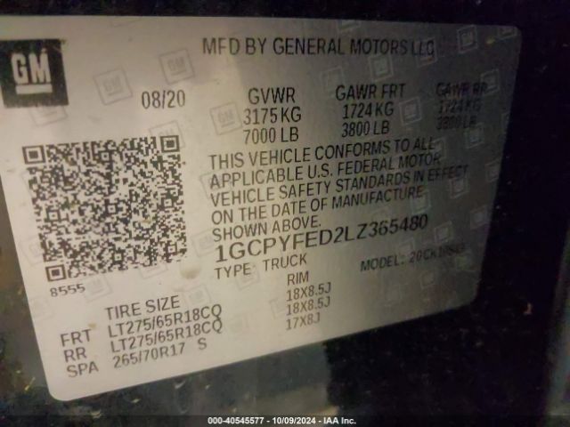 1GCPYFED2LZ365480 Chevrolet Silverado 1500 4wd  Short Bed Lt Trail Boss