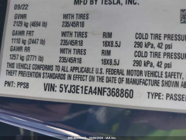 5YJ3E1EA4NF368860 Tesla Model 3 Rear-wheel Drive
